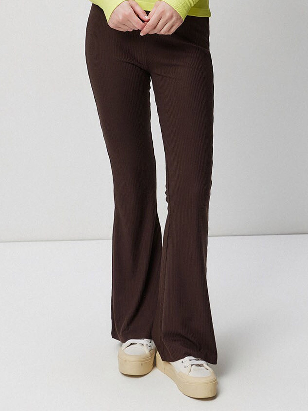 

COVER STORY Women Brown Ribbed Skinny Fit Flared Jeggings