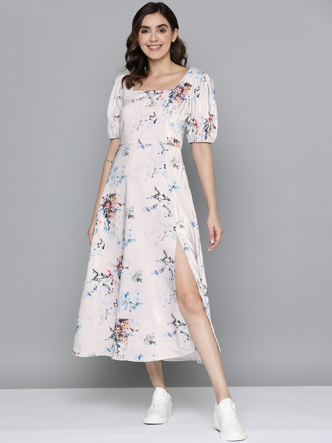 

Mast & Harbour Floral Print Puff Sleeve A-Line Midi Dress, White