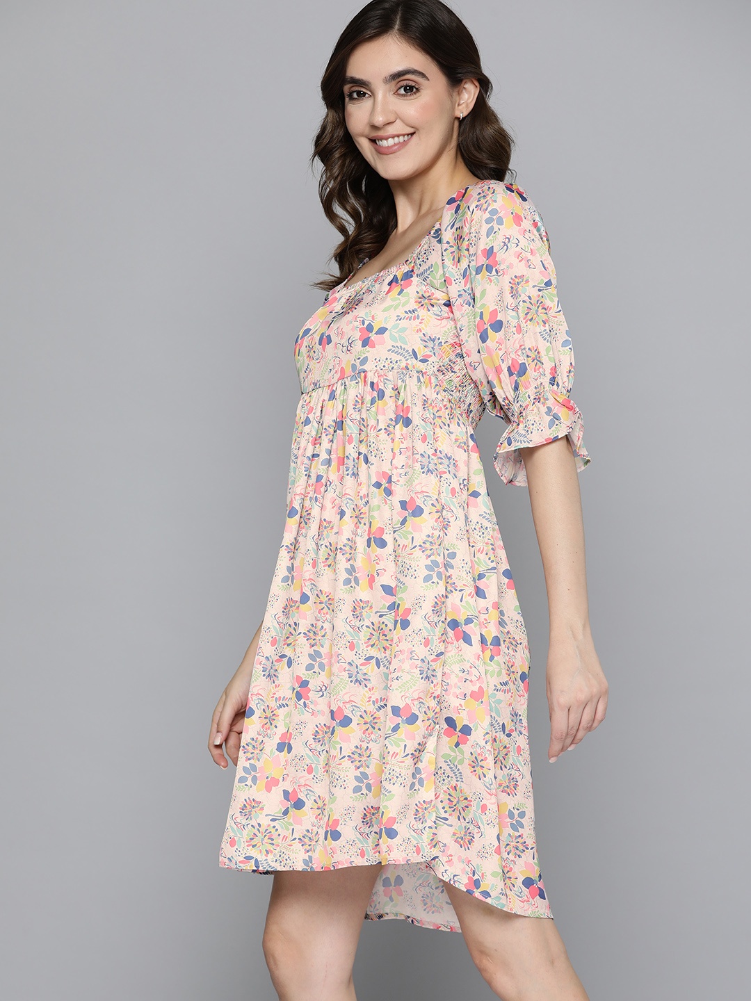 

Mast & Harbour Floral Print Puff Sleeve Satin A-Line Dress, Beige