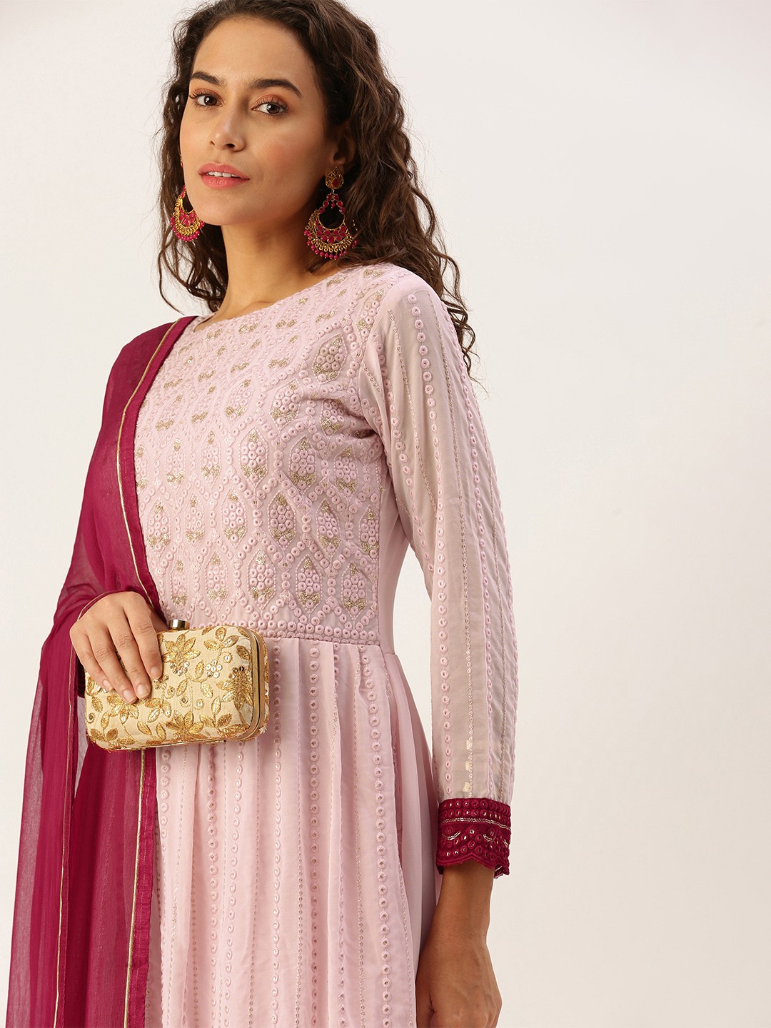 

Lilots Ethnic Motifs Embroidered Sequinned Detail Semi-Stitched Dress Material, Pink
