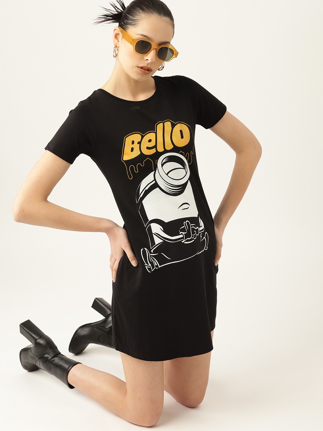 

Kook N Keech Minions Print Pure Cotton T-shirt Mini Dress, Black