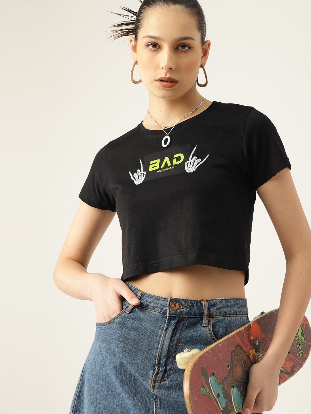 

Kook N Keech Women Graphic Printed Pure Cotton Crop Boxy T-shirt, Black