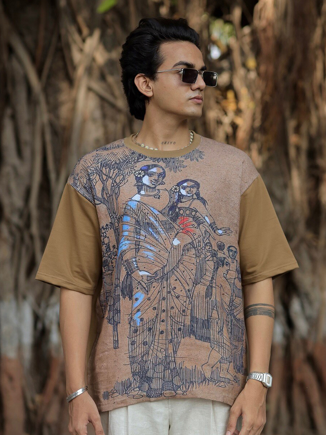 

ADDY'S for men Graphic Printed Drop-Shoulder Sleeves Oversized T-Shirt, Brown
