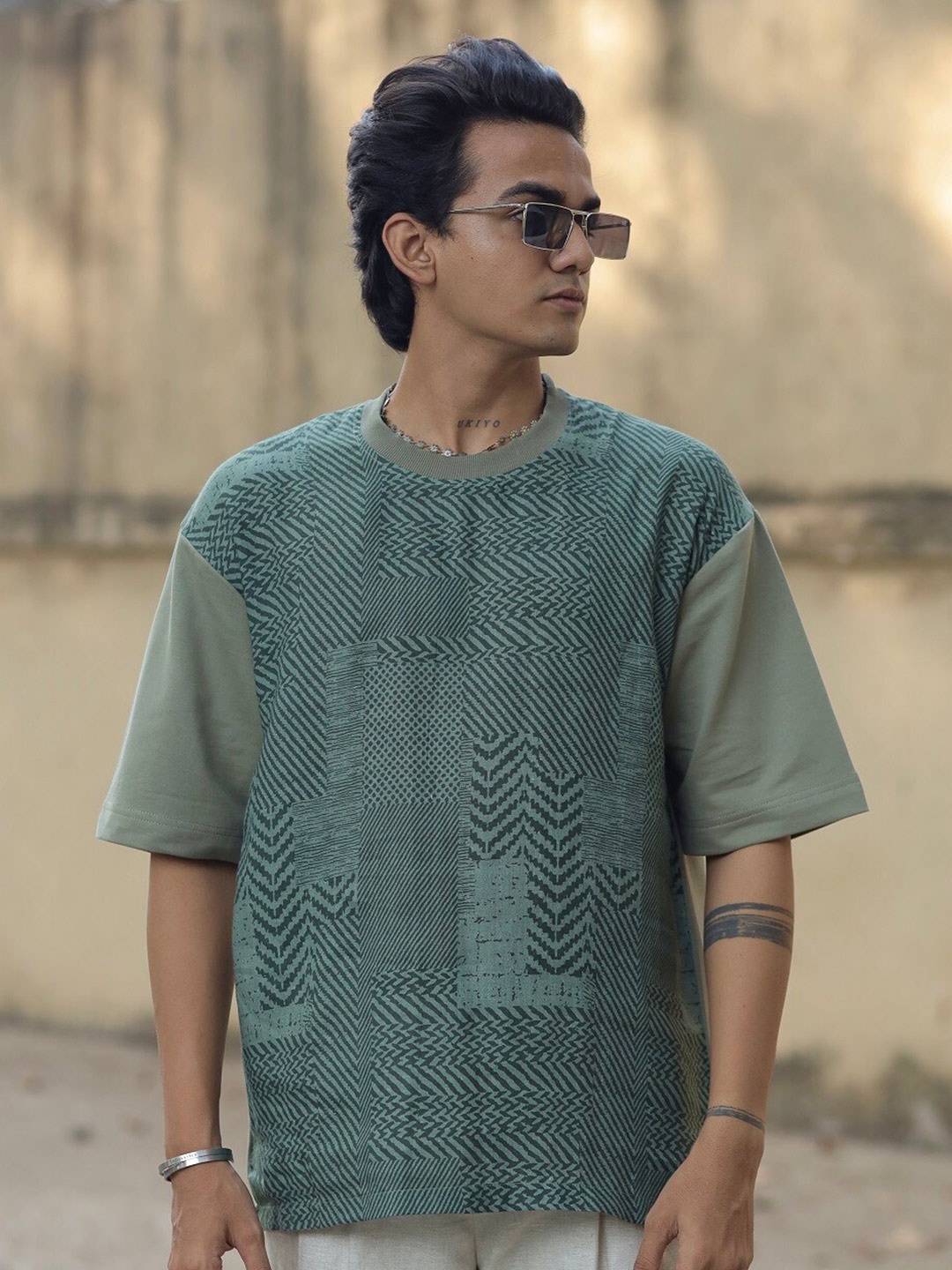 

ADDY'S for men Abstract Printed Linen Cotton Oversized T-Shirt, Green