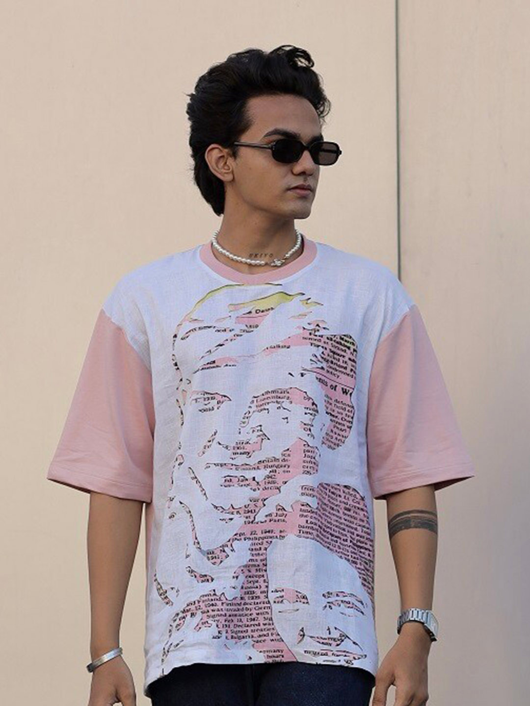 

ADDY'S for men Graphic Printed Drop-Shoulder Sleeves Oversized T-Shirt, Pink