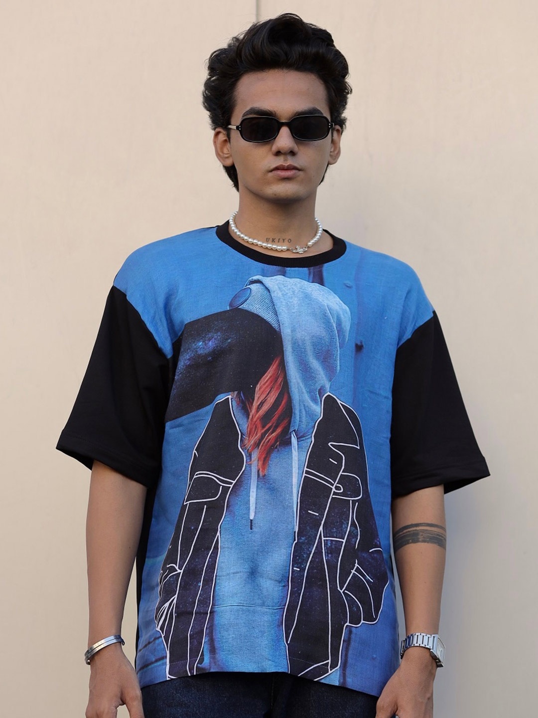 

ADDY'S for men Graphic Printed Drop-Shoulder Sleeves Oversized T-Shirt, Black