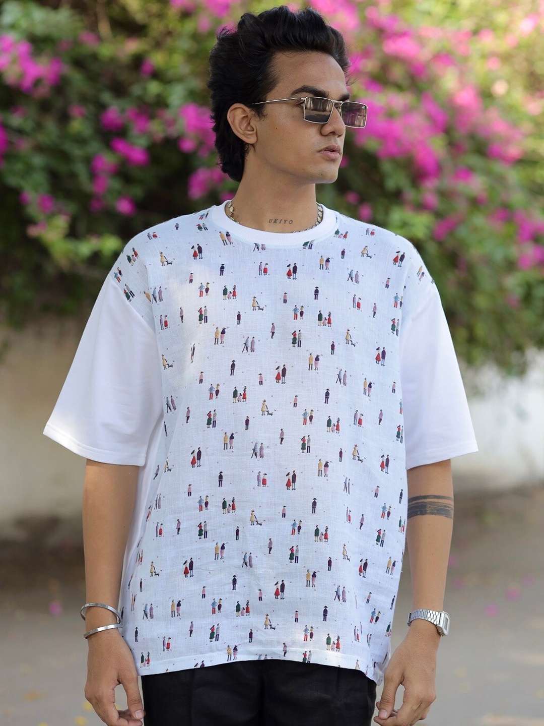 

ADDY'S for men Conversational Printed Linen Cotton Oversized T-Shirt, White
