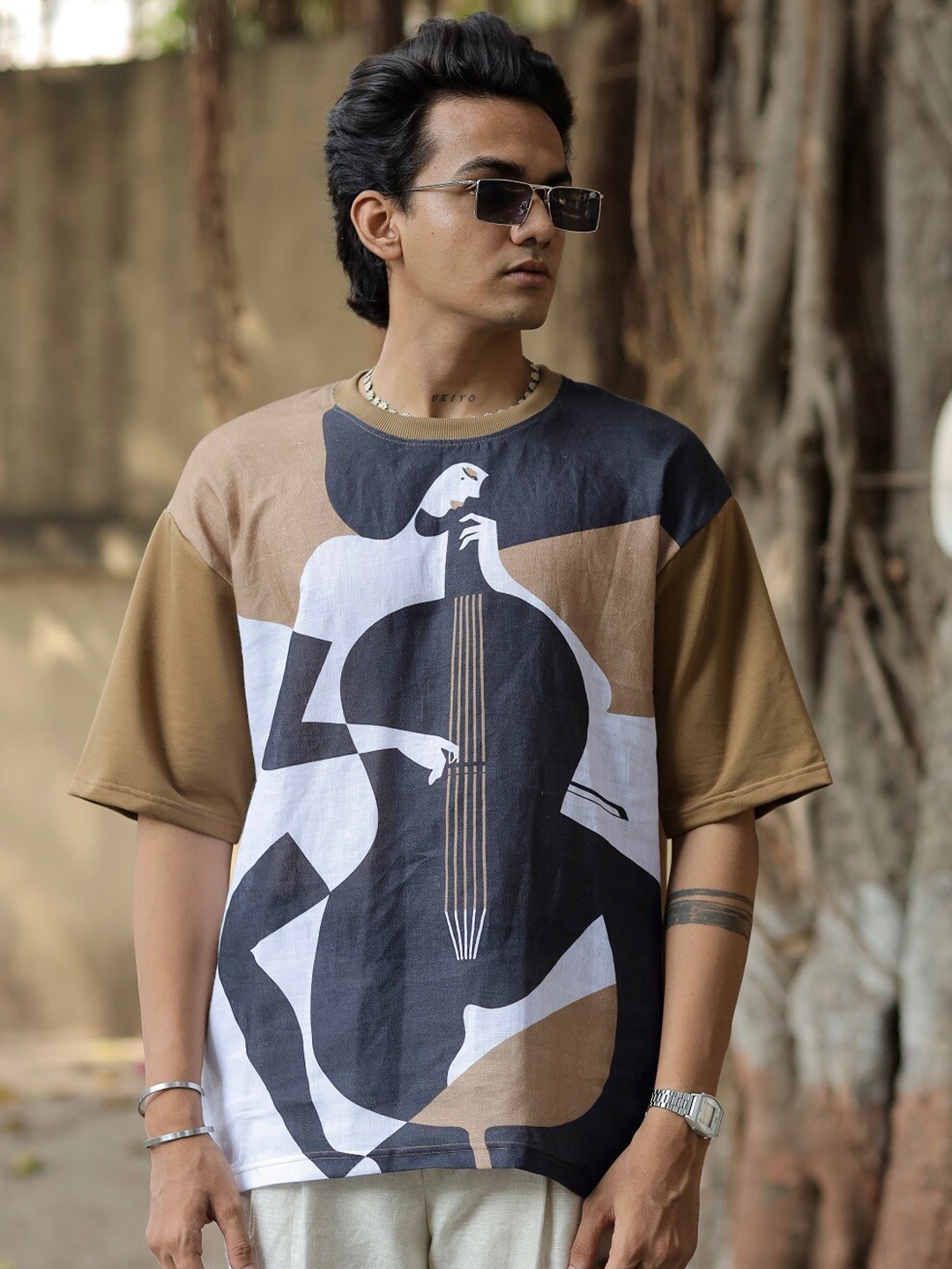 

ADDY'S for men Abstract Printed Linen Cotton Oversized T-Shirt, Brown