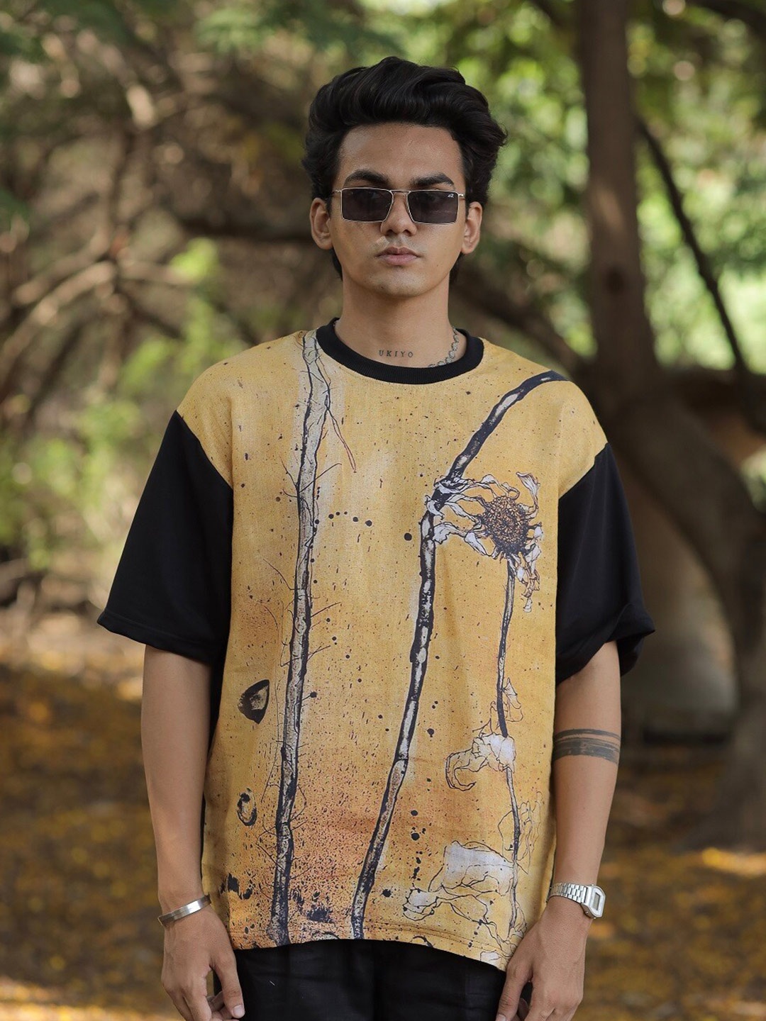 

ADDY'S for men Abstract Printed Drop-Shoulder Sleeves Oversized T-Shirt, Black