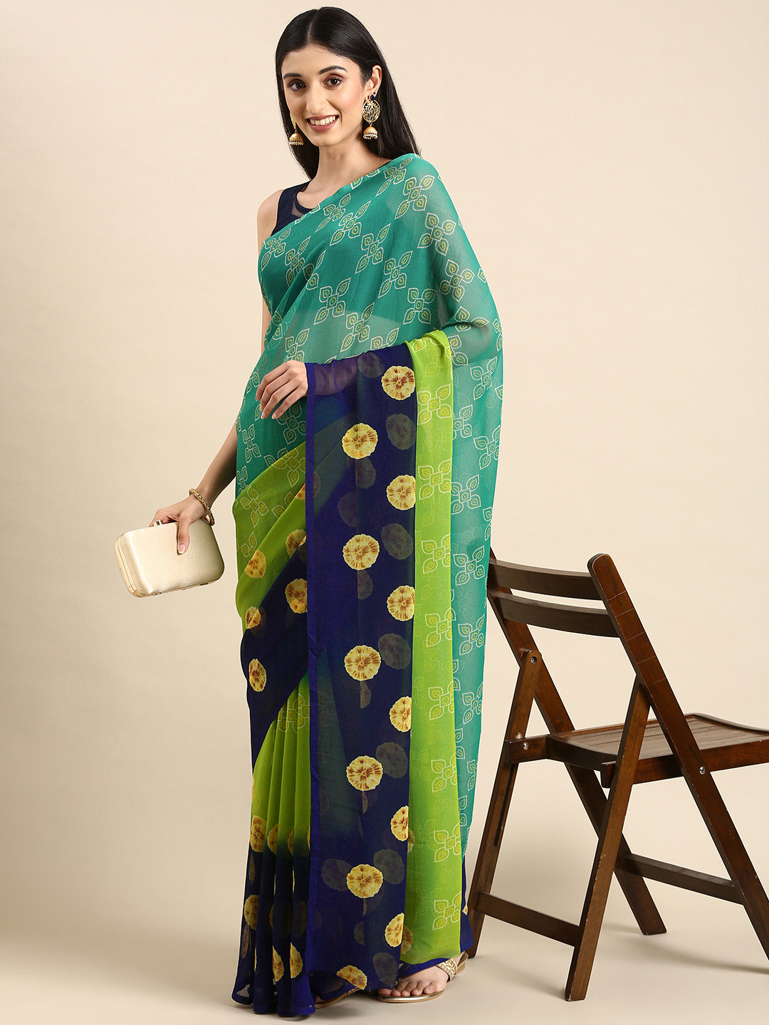 

HERE&NOW Ethnic Motifs Pure Chiffon Saree, Green