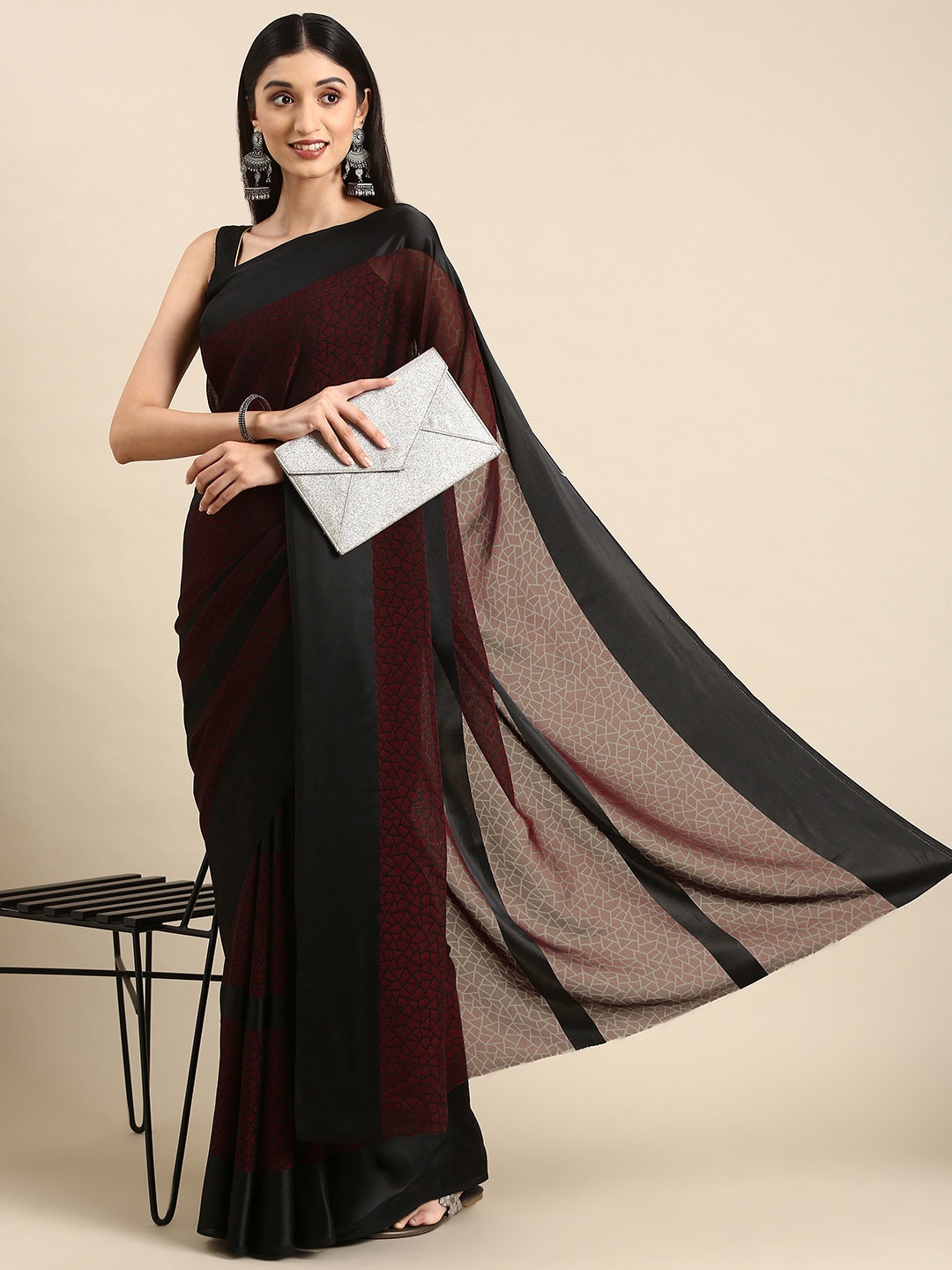 

HERE&NOW Geometric Print Brasso Saree, Purple