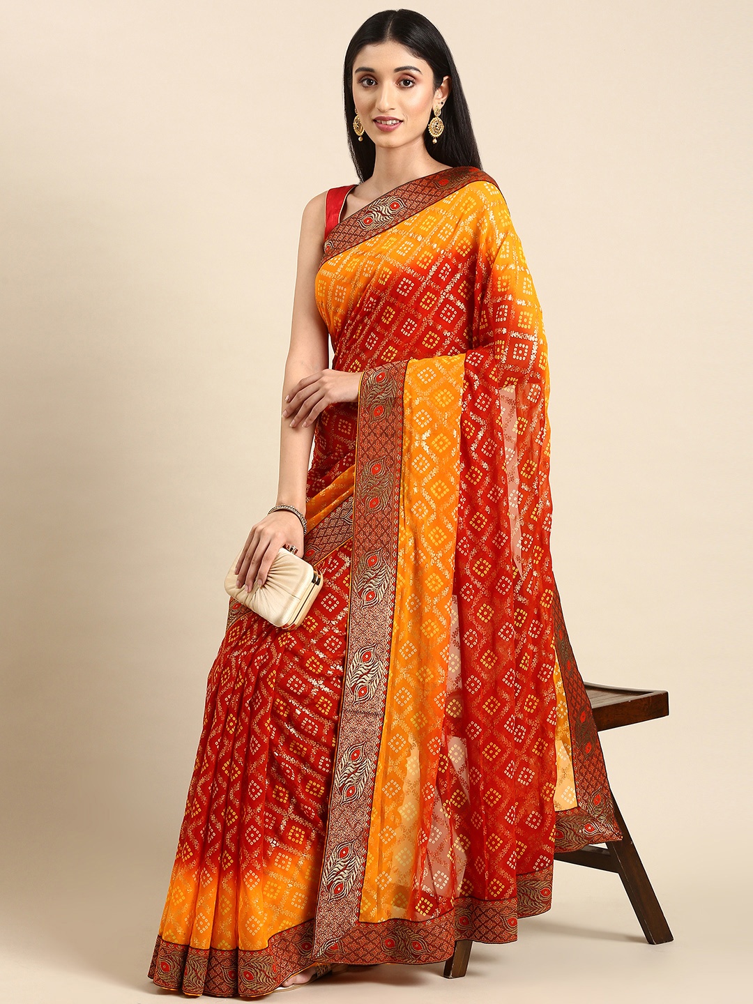 

HERE&NOW Bandhani Printed Zari Pure Georgette Saree, Maroon