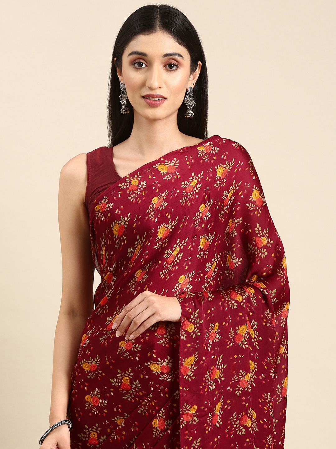 

HERE&NOW Floral Pure Crepe Saree, Maroon