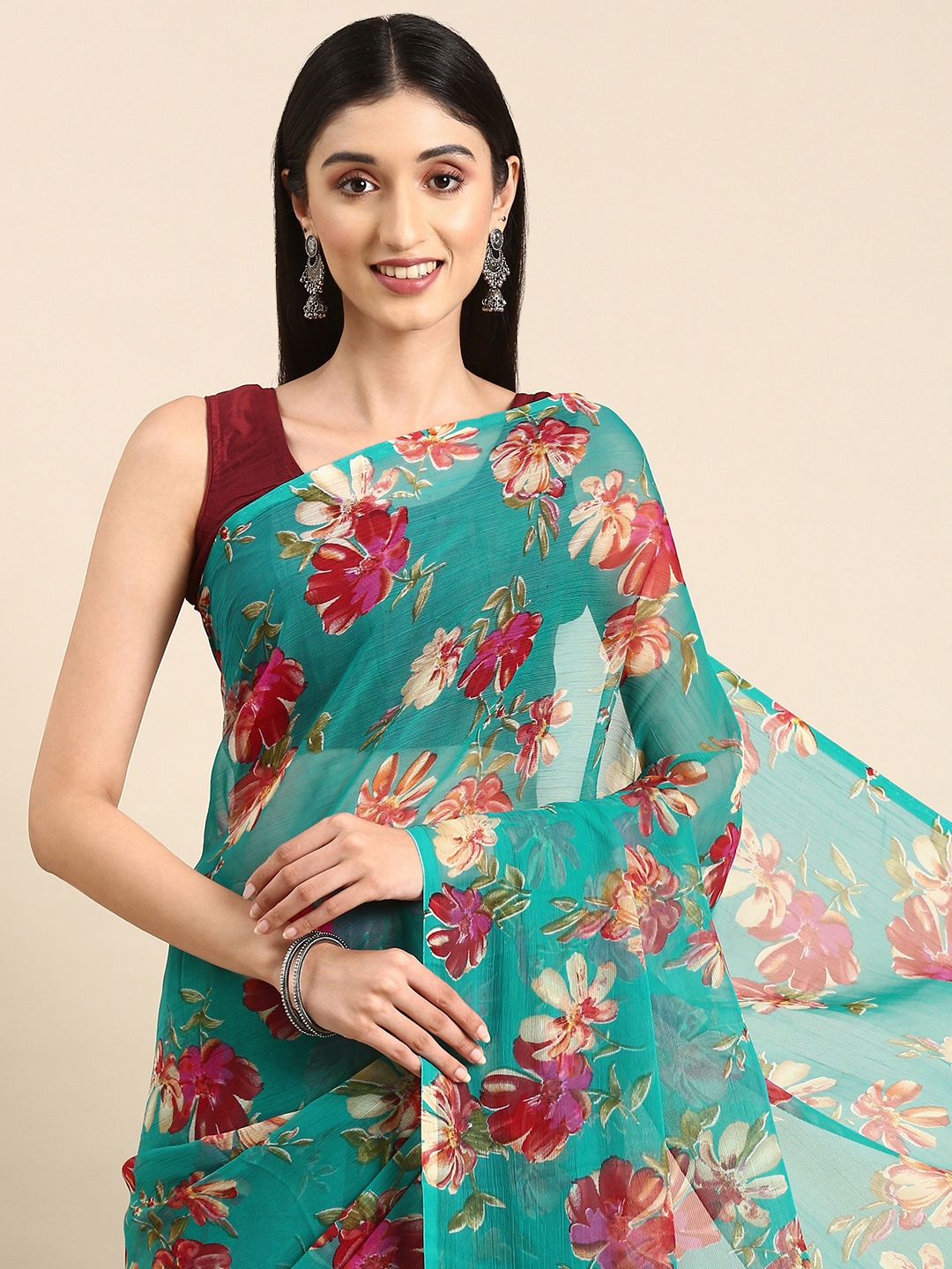 

HERE&NOW Floral Pure Chiffon Saree, Blue