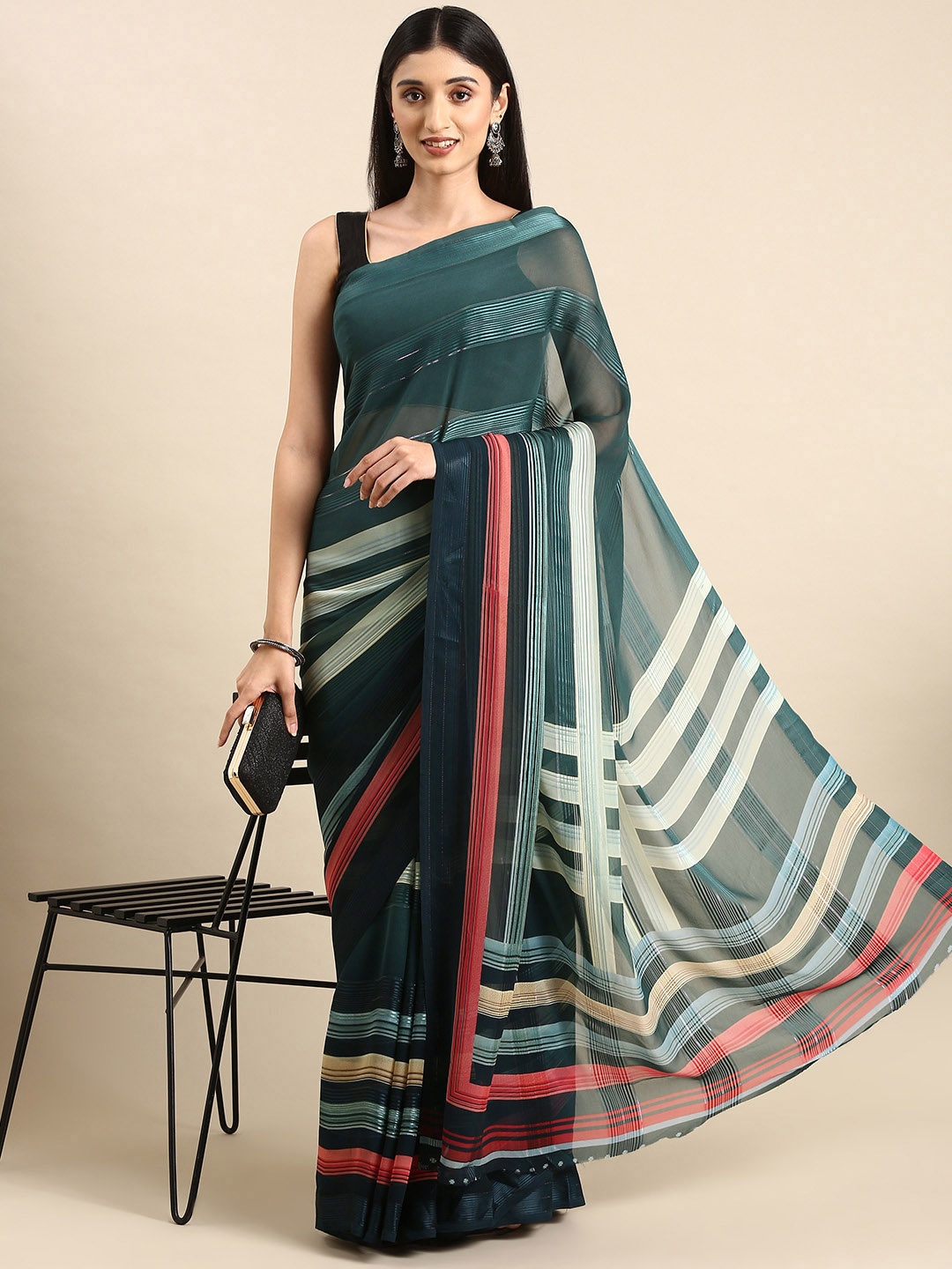 

HERE&NOW Striped Pure Georgette Saree, Multi