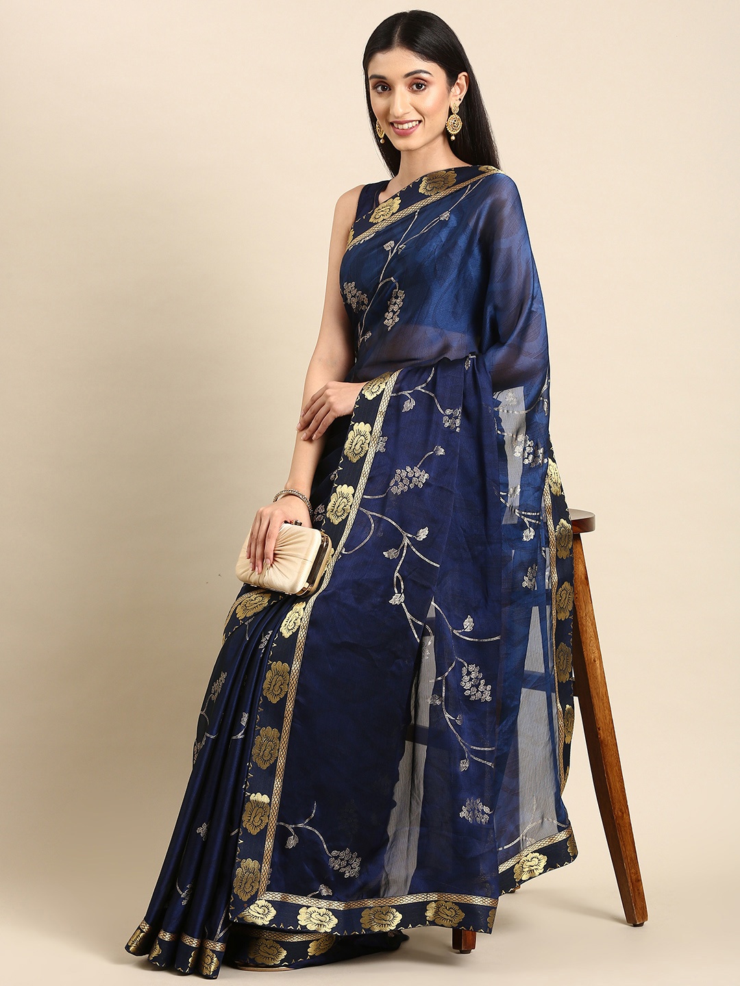 

HERE&NOW Floral Print Saree, Navy blue