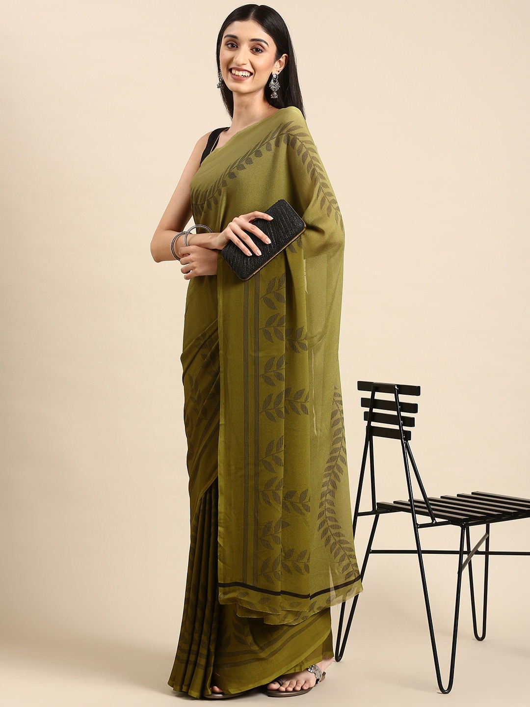 

HERE&NOW Floral Printed Pure Crepe Saree, Green