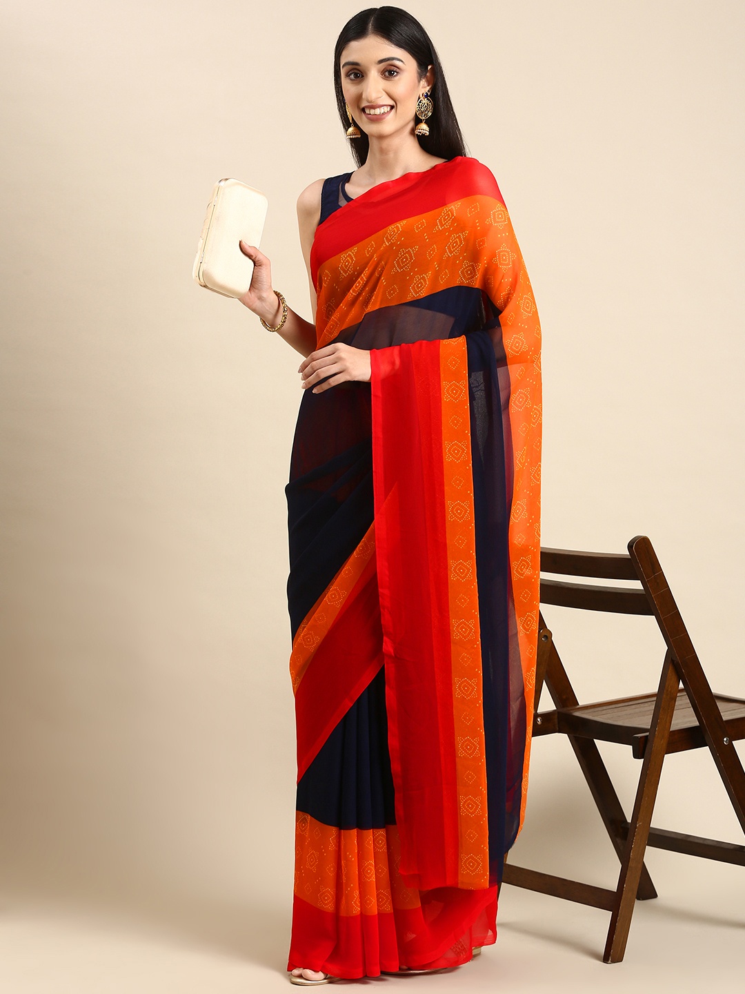 

HERE&NOW Colourblocked Pure Georgette Saree, Multi
