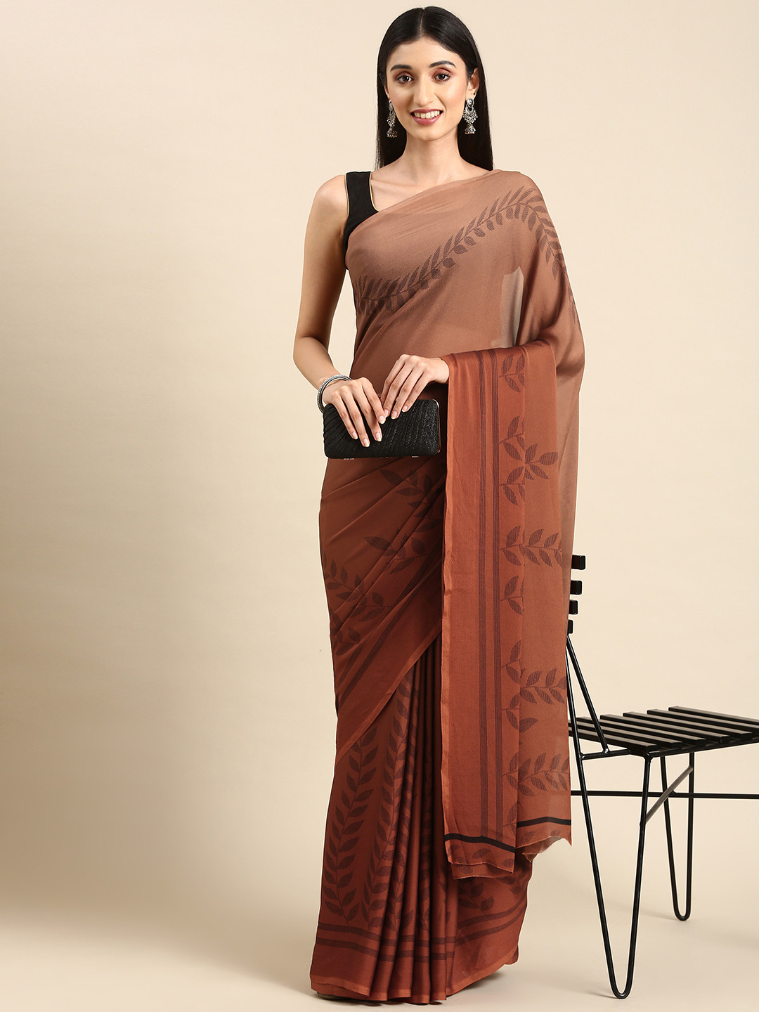 

HERE&NOW Floral Pure Crepe Saree, Brown