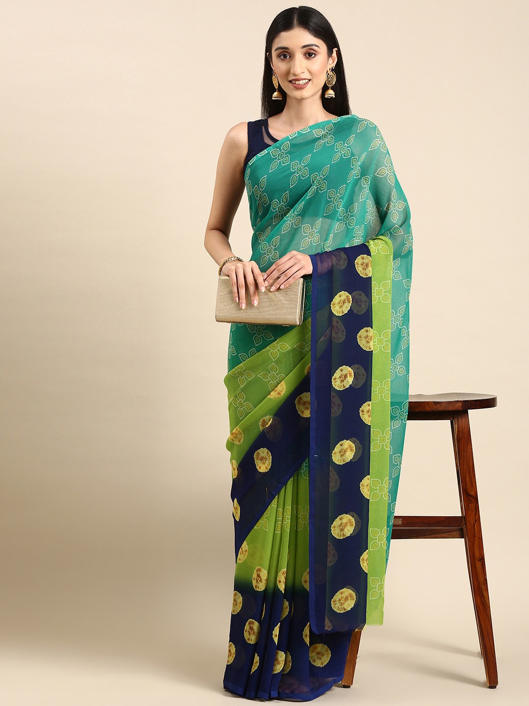 

HERE&NOW Ethnic Motifs Pure Chiffon Saree, Blue