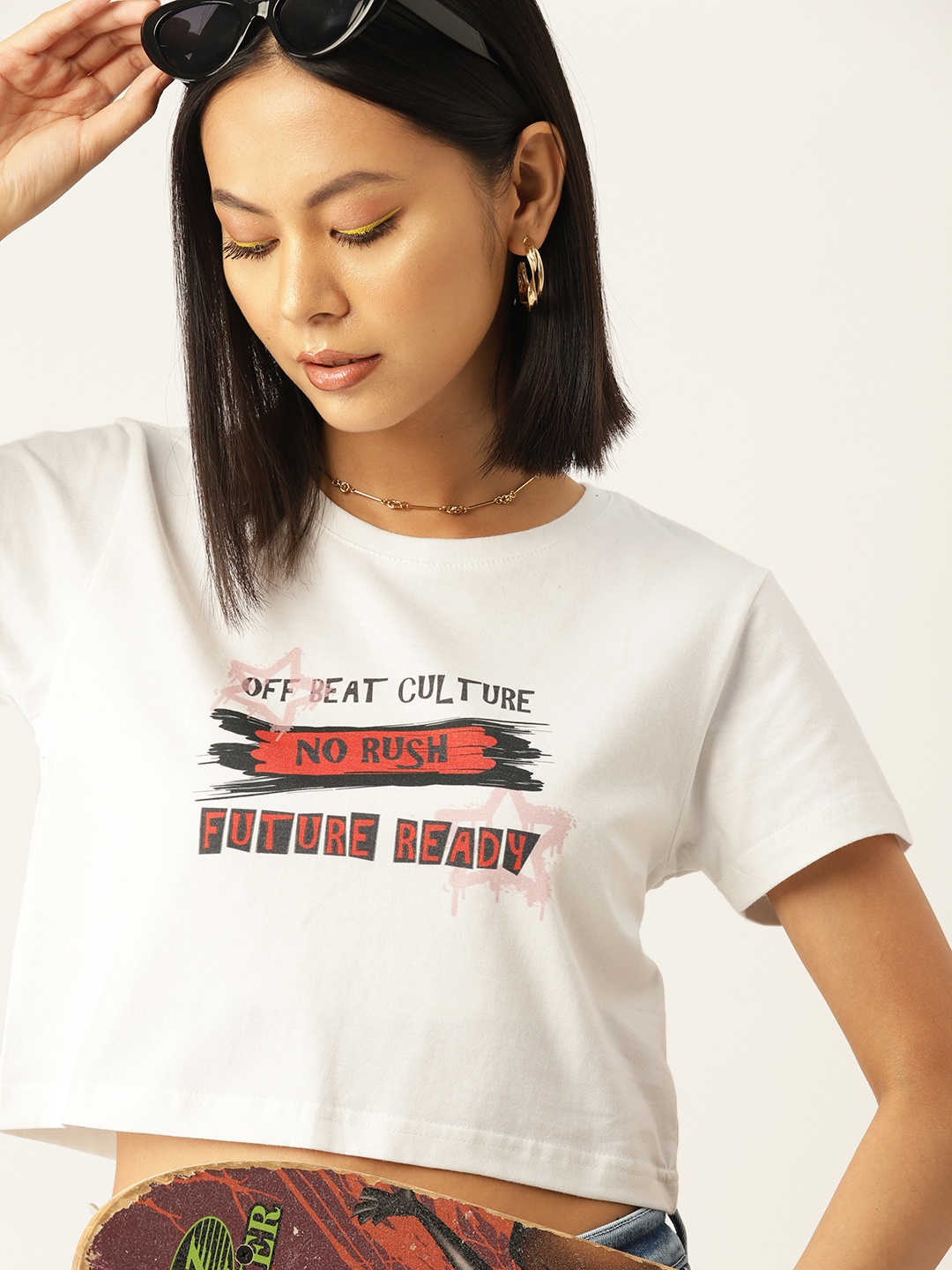 

Kook N Keech Women Typography Printed Pure Cotton Boxy Crop T-shirt, White