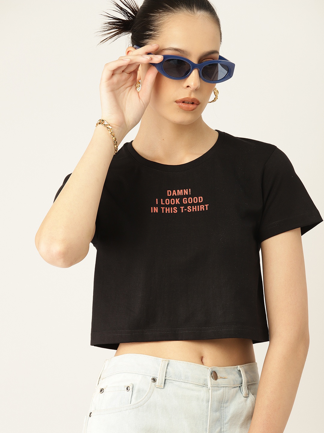 

Kook N Keech Women Typography Printed Pure Cotton Boxy Crop T-shirt, Black