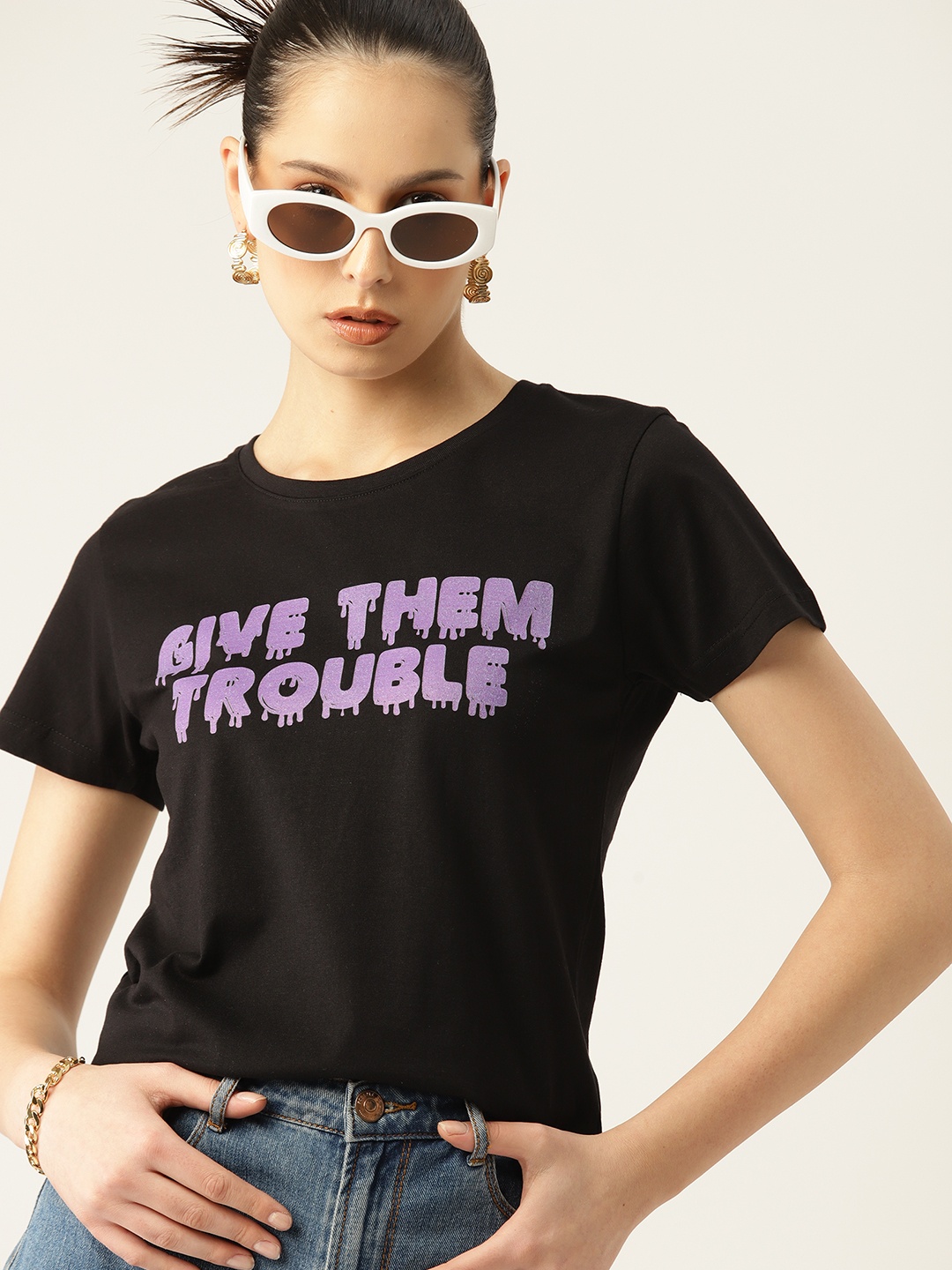 

Kook N Keech Women Typography Printed Pure Cotton T-shirt, Black