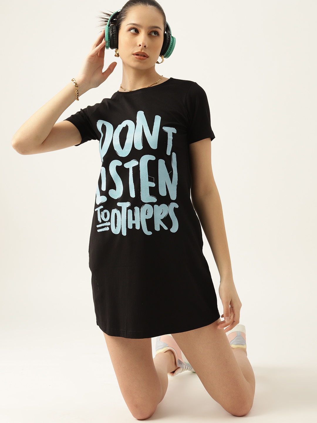 

Kook N Keech Typography Print Pure Cotton T-shirt Mini Dress, Black