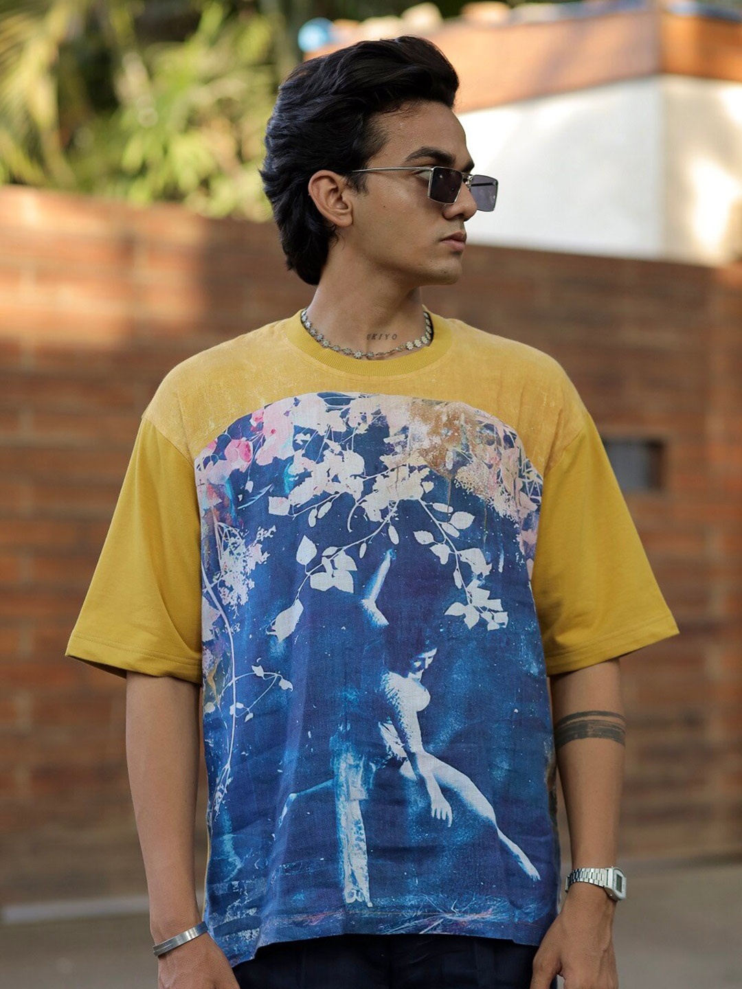 

ADDY'S for men Graphic Printed Drop-Shoulder Sleeves Oversized T-Shirt, Yellow