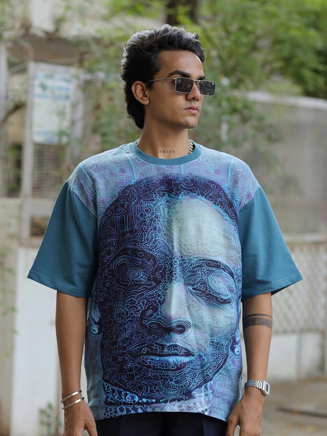

ADDY'S for men Graphic Printed Linen Cotton Oversized T-Shirt, Blue