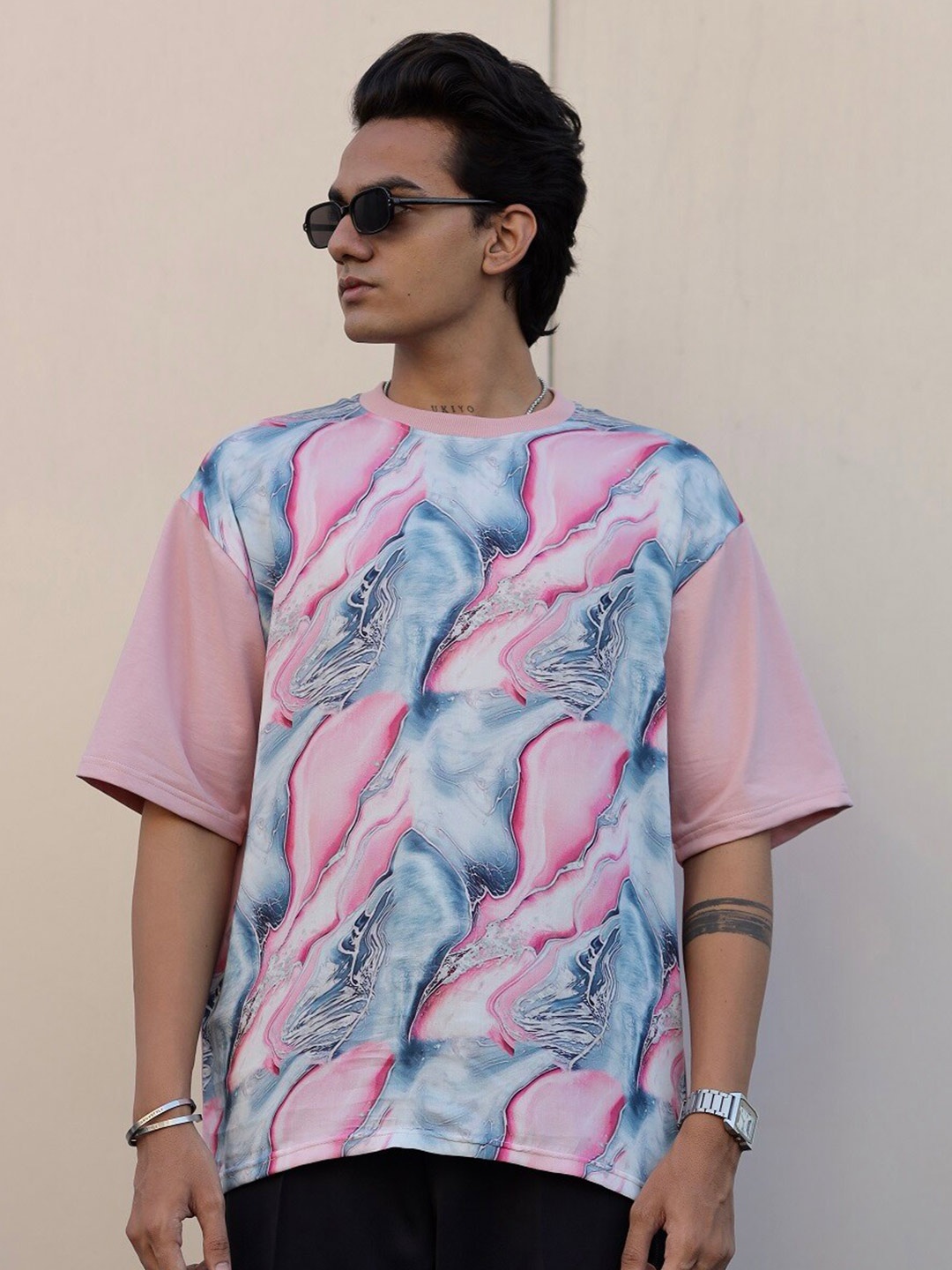 

ADDY'S for men Abstract Printed Oversized T-Shirt, Pink