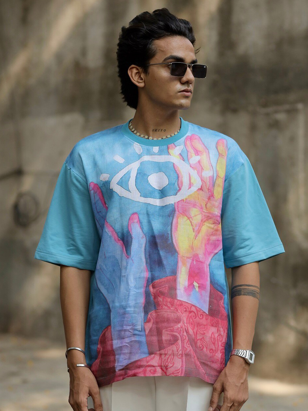 

ADDY'S for men Abstract Printed Drop-Shoulder Sleeves Oversized T-Shirt, Blue