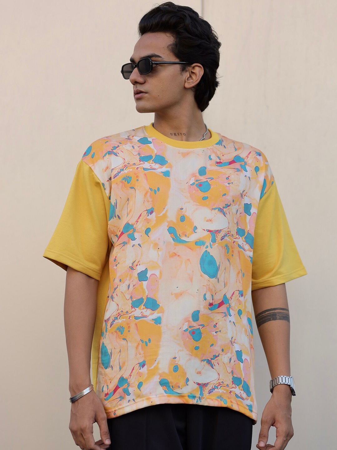 

ADDY'S for men Abstract Printed Drop-Shoulder Sleeves Oversized T-Shirt, Yellow