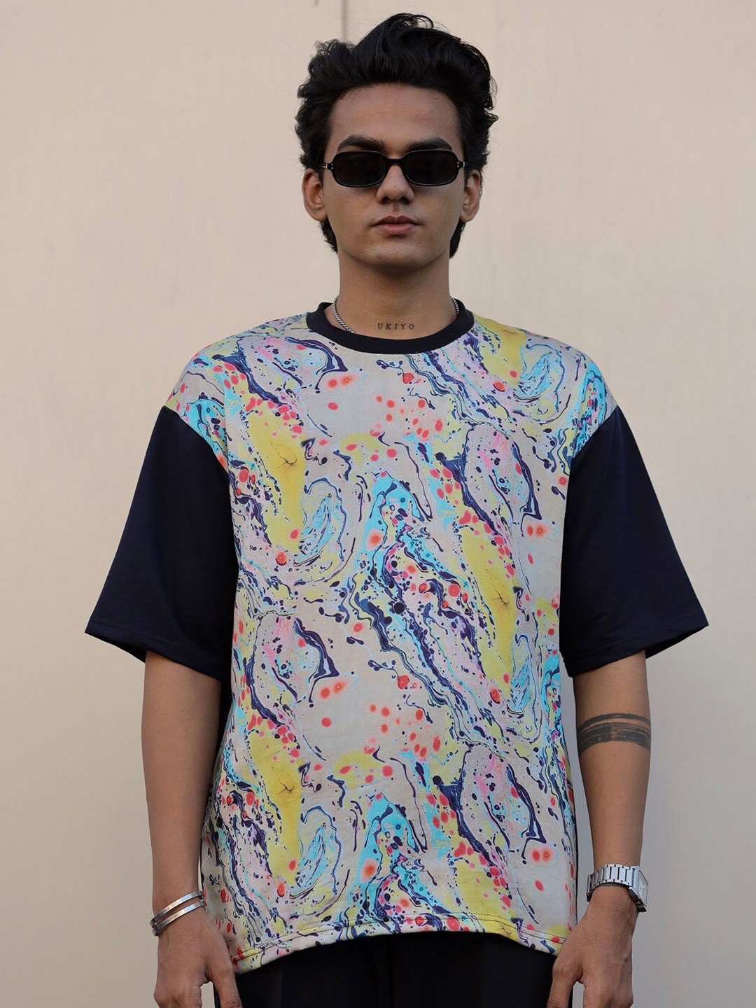 

ADDY'S for men Abstract Printed Modal Cotton Oversized T-Shirt, Black