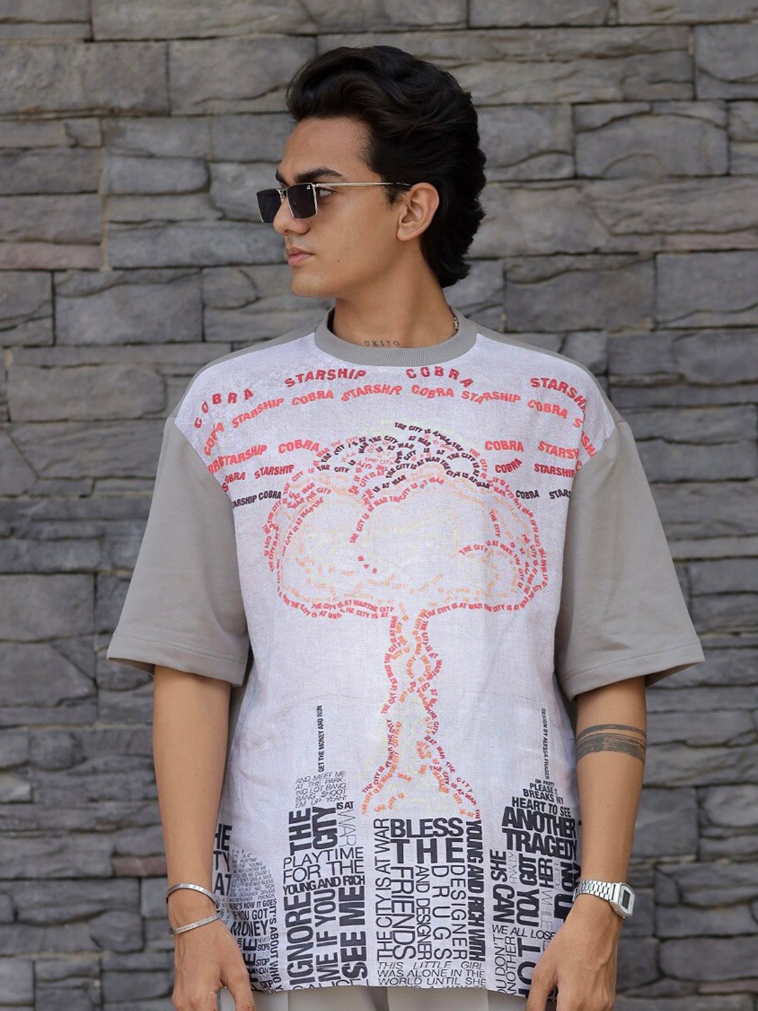 

ADDY'S for men Typography Printed Linen Cotton Oversized T-Shirt, Grey