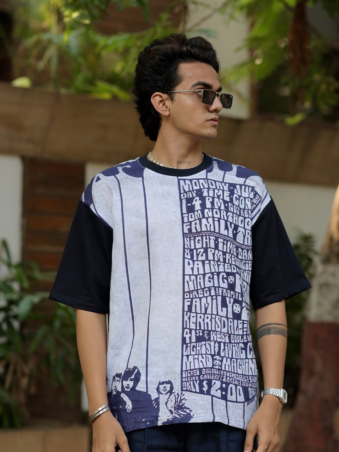

ADDY'S for men Typography Printed Linen Cotton Oversized T-Shirt, Black