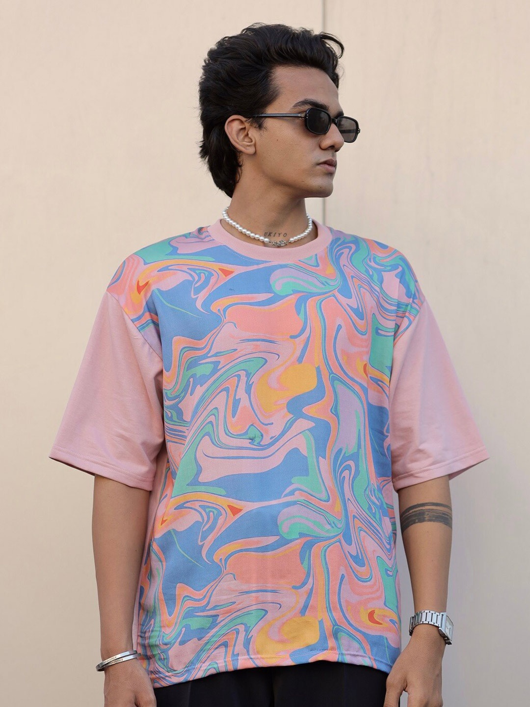 

ADDY'S for men Abstract Printed Modal Cotton Oversized T-Shirt, Pink