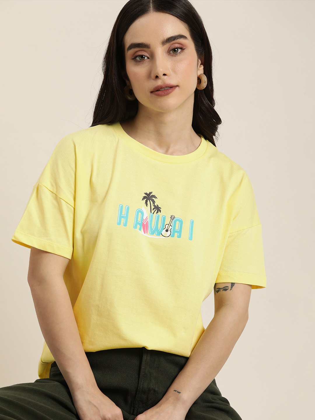 

Moda Rapido Pure Cotton Typography Printed Drop-Shoulder Sleeves Casual T-shirt, Yellow
