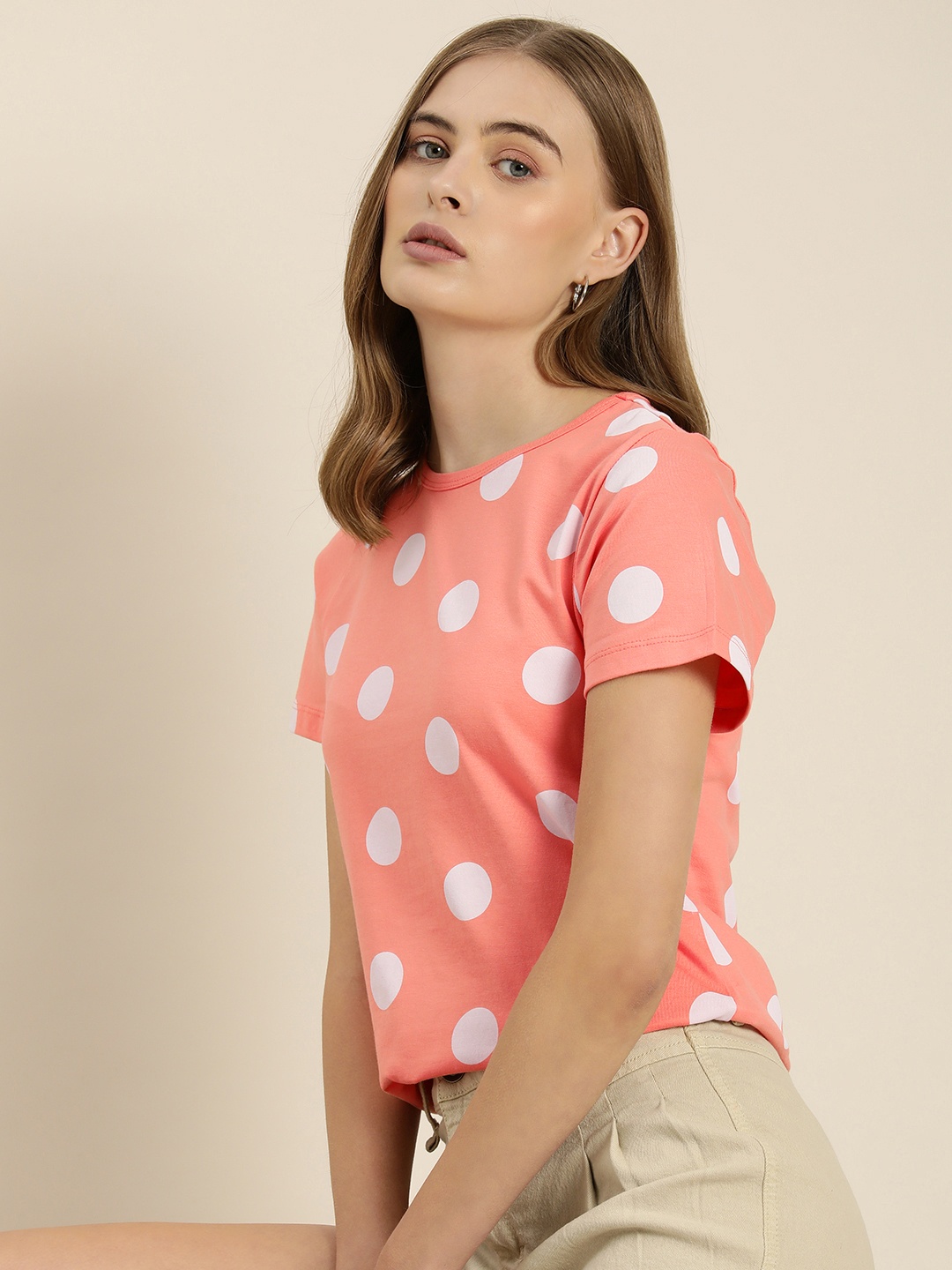 

Moda Rapido Polka Dot Printed Pure Cotton T-shirt, Peach