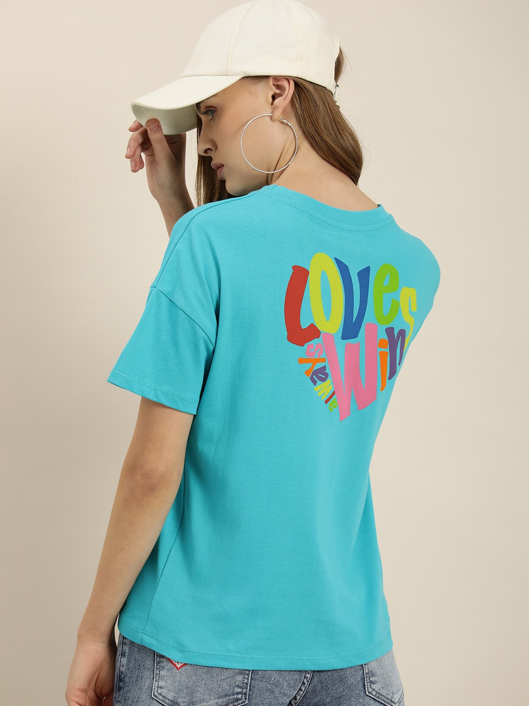 

Moda Rapido Graphic Printed Drop-Shoulder Sleeves Pure Cotton T-shirt, Turquoise blue