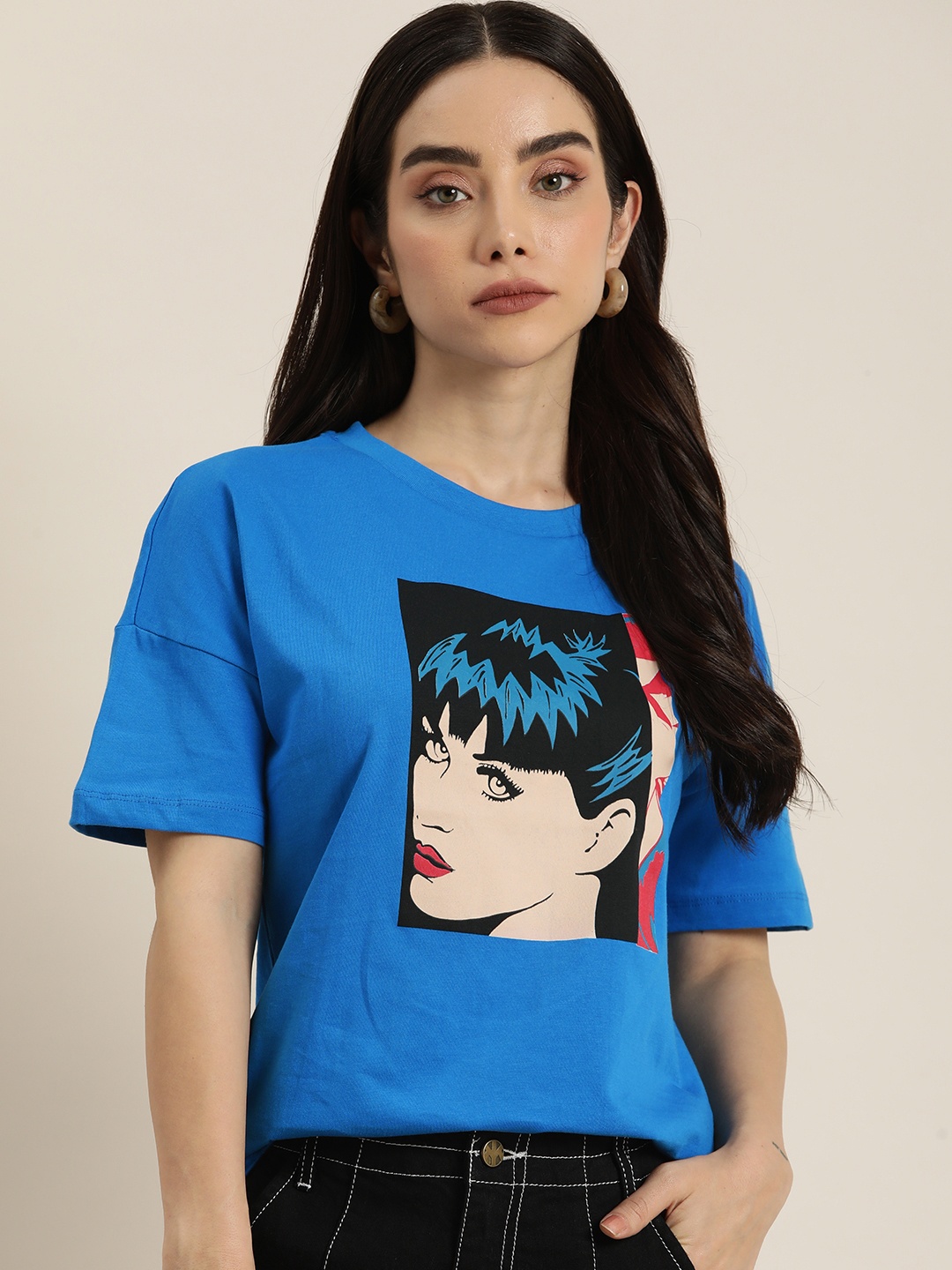

Moda Rapido Pure Cotton Graphic Printed Drop-Shoulder Sleeves Casual T-shirt, Blue