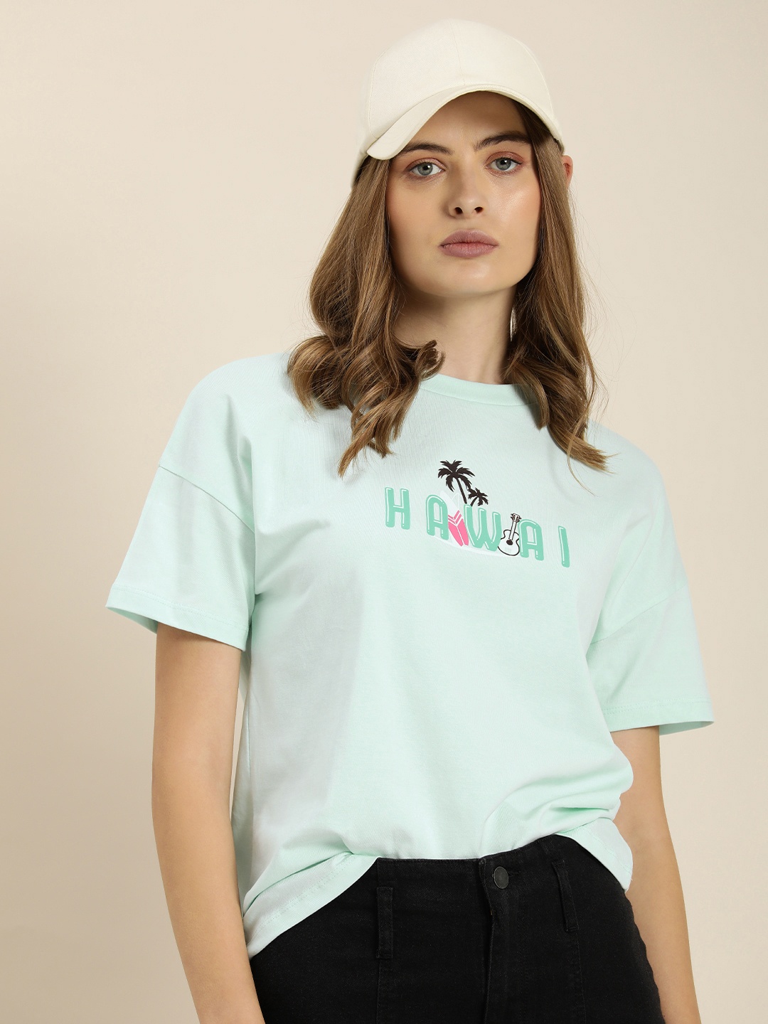 

Moda Rapido Graphic Printed Drop-Shoulder Sleeves Pure Cotton T-shirt, Blue