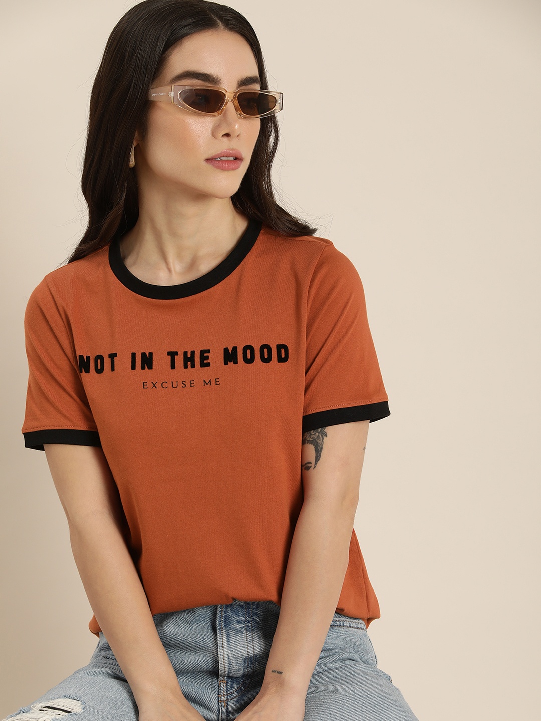 

Moda Rapido Pure Cotton Typography Printed Regular Fit Casual T-shirt, Rust