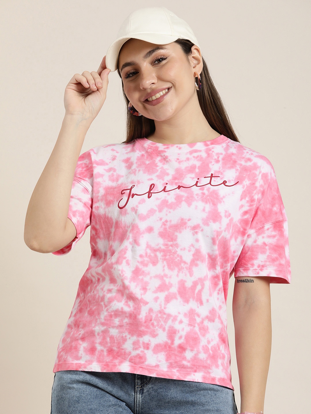 

HERE&NOW Women Dyed Pure Cotton T-shirt, Pink