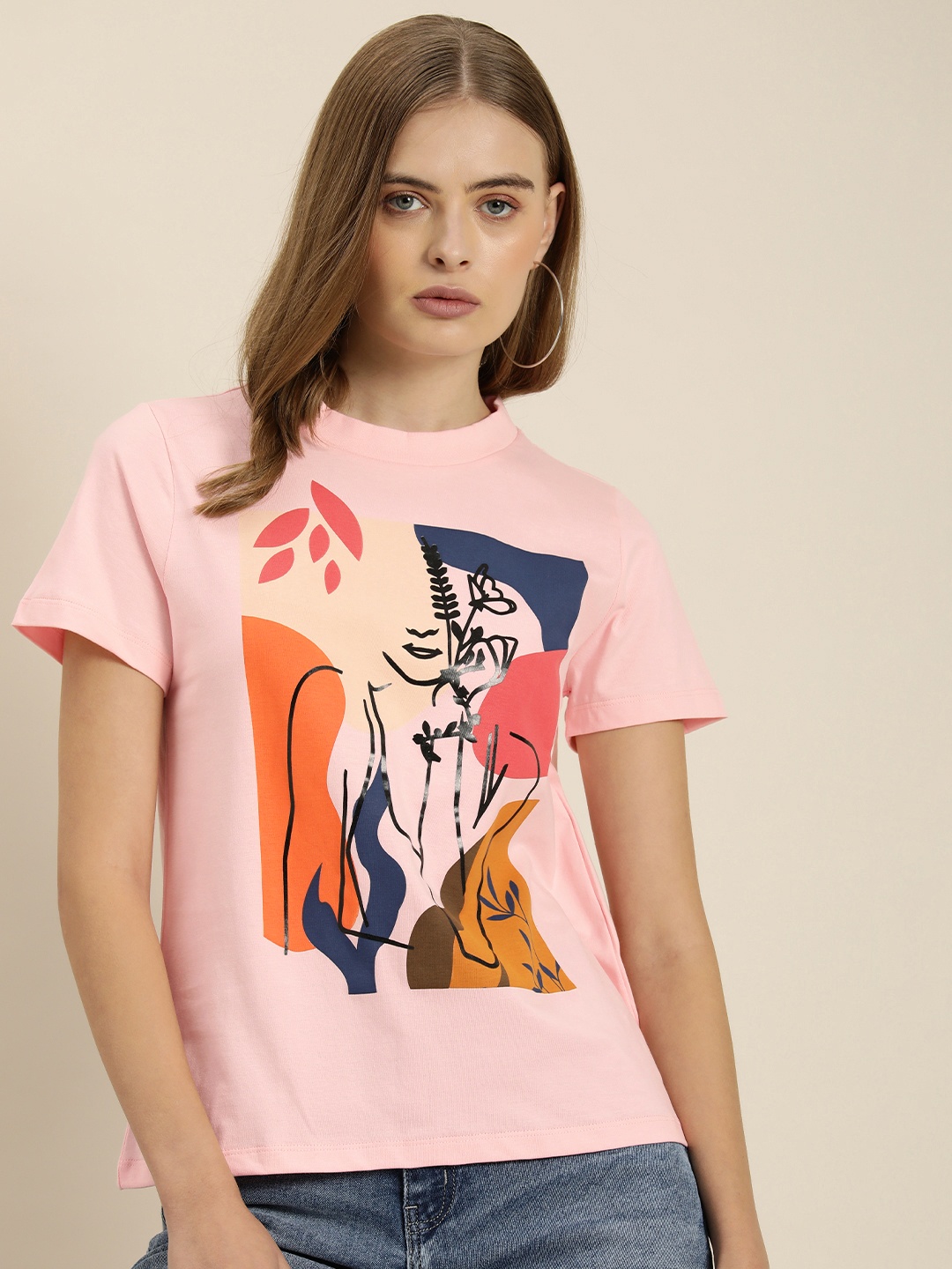 

Moda Rapido Graphic Printed Pure Cotton T-shirt, Pink