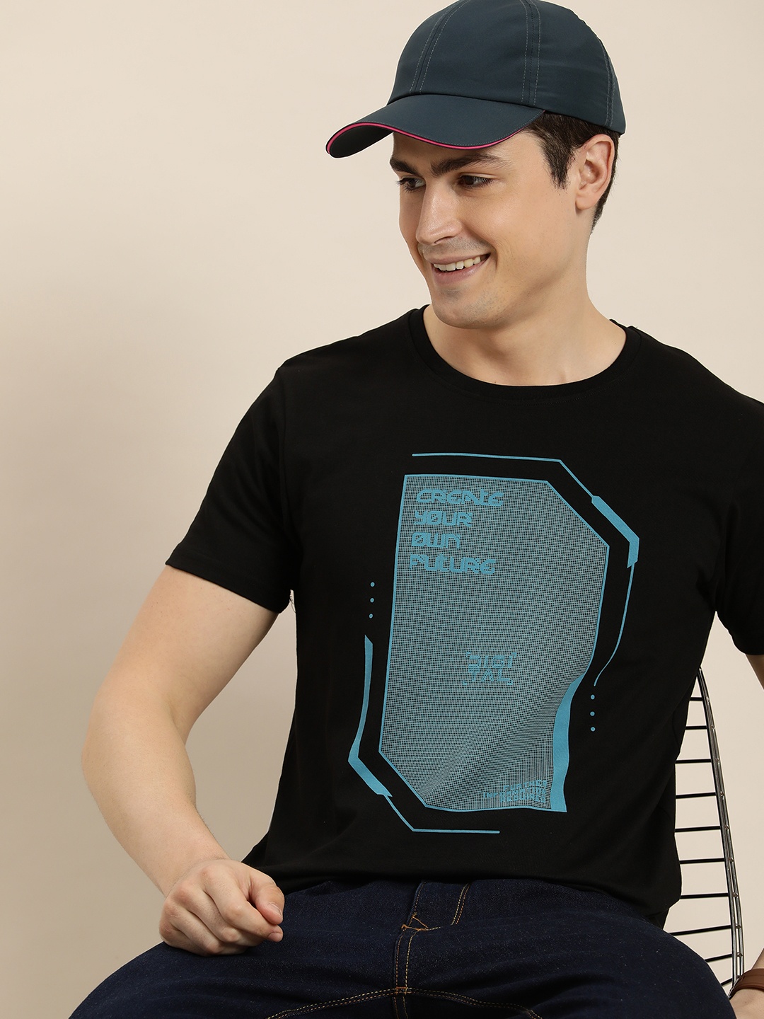 

HERE&NOW Men Printed Pure Cotton T-shirt, Black