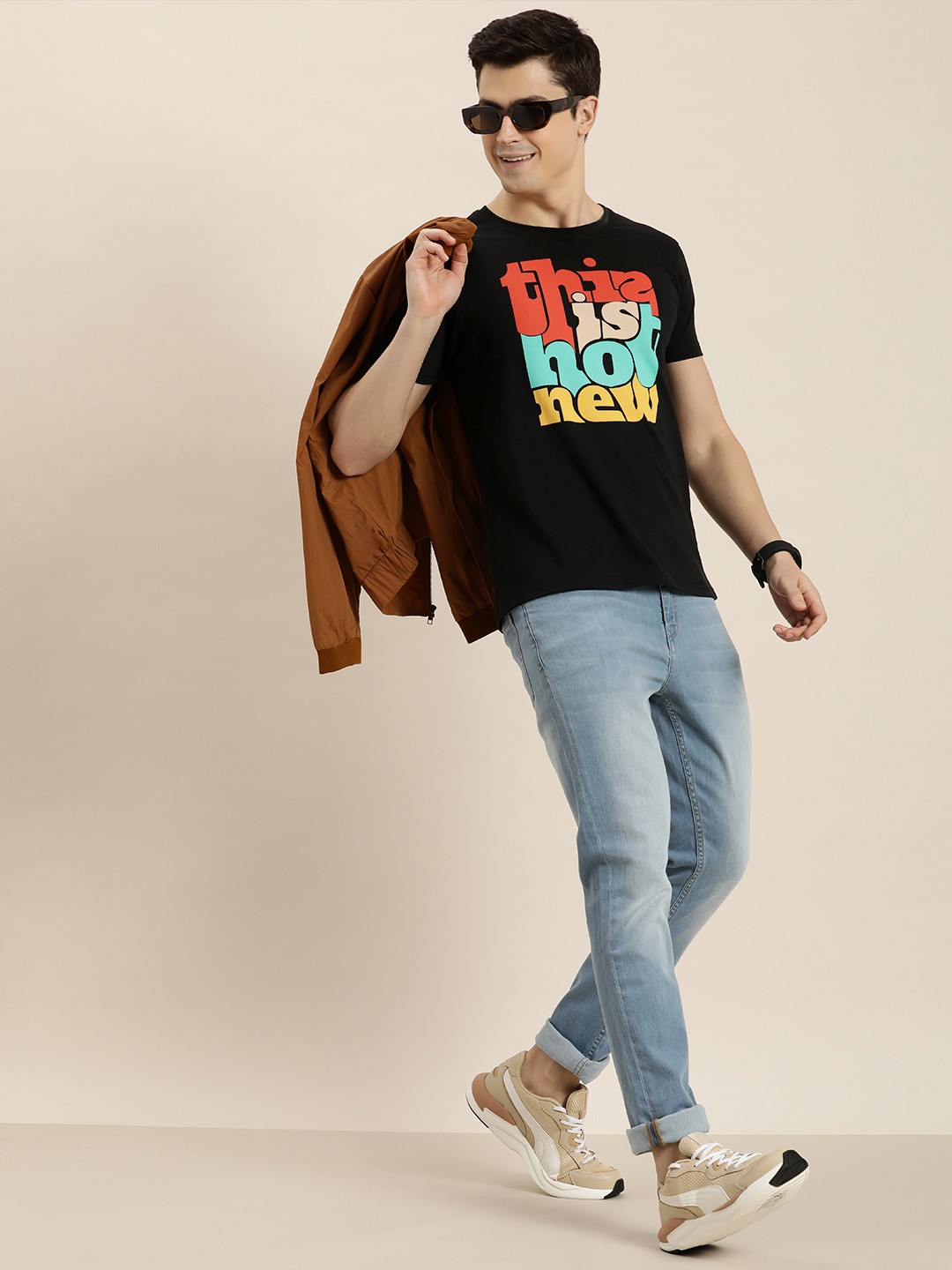 

HERE&NOW Men Typography Printed Pure Cotton T-shirt, Black