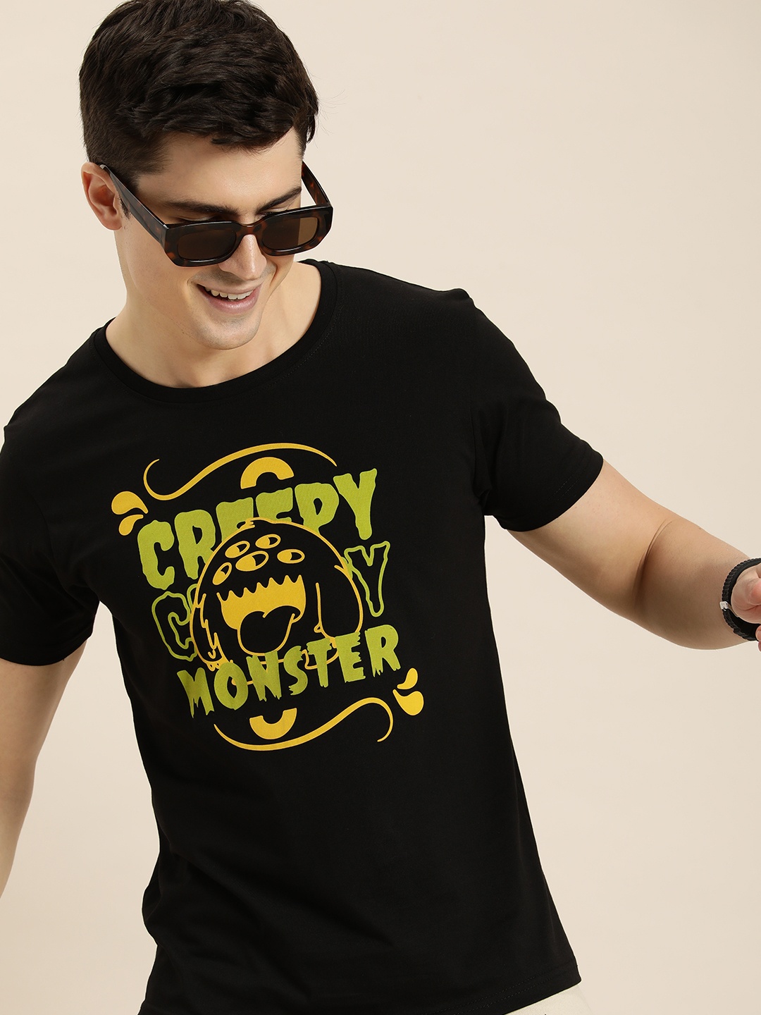 

HERE&NOW Men Typography Printed Pure Cotton T-shirt, Black