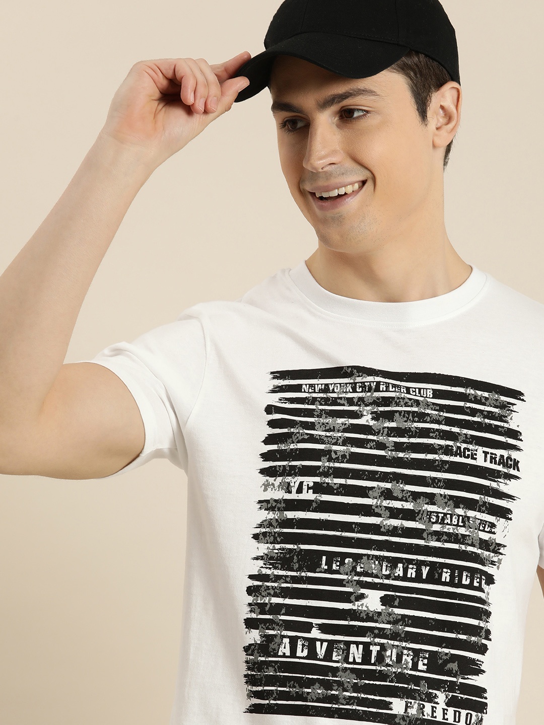 

HERE&NOW Typography Print & Striped Knitted Pure Cotton T-shirt, White