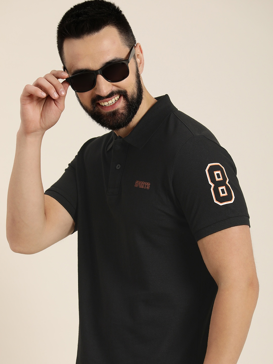 

HERE&NOW Varsity Printed Polo Collar Pure Cotton T-shirt, Black